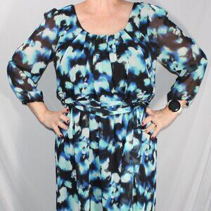 Three Pink Hearts Blue & Black Print Belted Dress - Size Medium